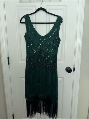 Beaded Emerald Fringe Midi Dress - Women